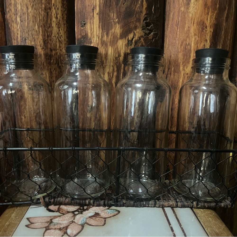 Farmhouse Wire Basket w/4 Glass Bottles